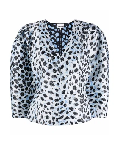 Ganni Crispy Jacquard V-neck Blouse In Blue