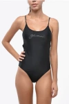 Ganni Criss Cross Strap One Piece Swimsuit With Rhinestone Logo In Black
