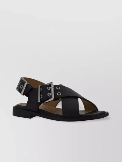 Ganni Crisscross Strap Calfskin Sandals In Gray