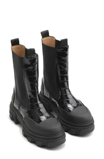 Ganni Croc Embossed Chelsea Boot In Black