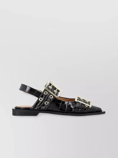 Ganni Buckle Ballerina Croc-embossed Detail In Black