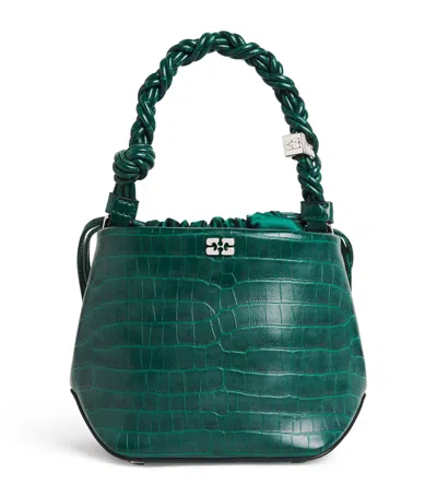 Ganni Croc-embossed Leather Bou Bucket Bag In Green