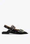 Ganni Crocodile Effect Bucked Ballerina Shoes In Black