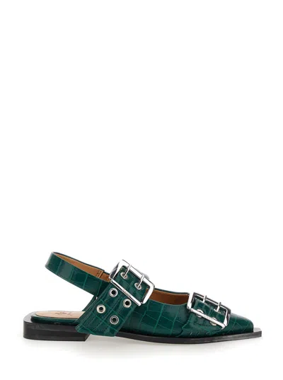 Ganni Croc-effect Buckle Flat In Green