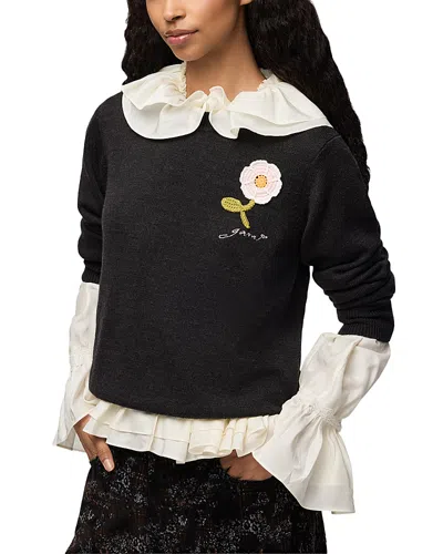 Ganni Crochet Applique Crewneck Sweater In Black