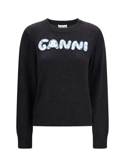 Ganni Gray Merino Wool Sweatshirt In Black