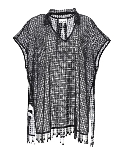 Ganni Crochet Beaded Beach Dress In Black Polyester