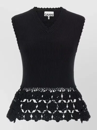 Ganni Crochet Cotton Vest Sleeveless V Neck In Black