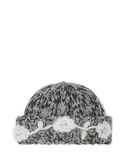 Ganni Crochet-flower Beanie In Gray