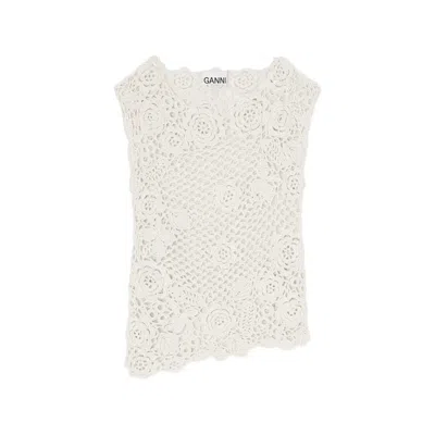 Ganni Crochet Knit Floral Tank Top In White