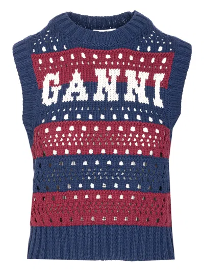 Ganni Striped Openwork Vest With Logo Inlay In Multi