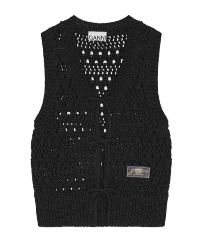 Ganni Crochet Lace-up Vest In Black
