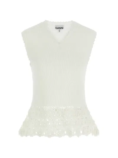 Ganni Crochet Ribbed V-neck Tank Top In Gray