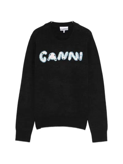 Ganni Crochet-appliqué Sweater In Black