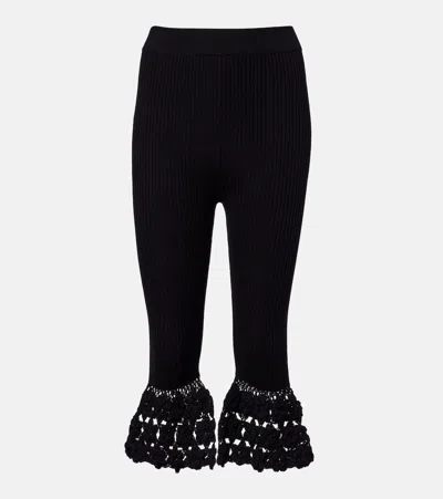 Ganni Crochet-trimmed Ribbed Cotton-blend Capri Pants In Black