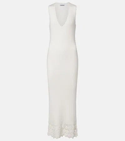 Ganni Crochet-trimmed Ribbed Cotton-blend Midi Dress In White
