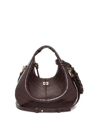 Ganni Croco Hobo Mini Bag In Recycled Leather In Brown