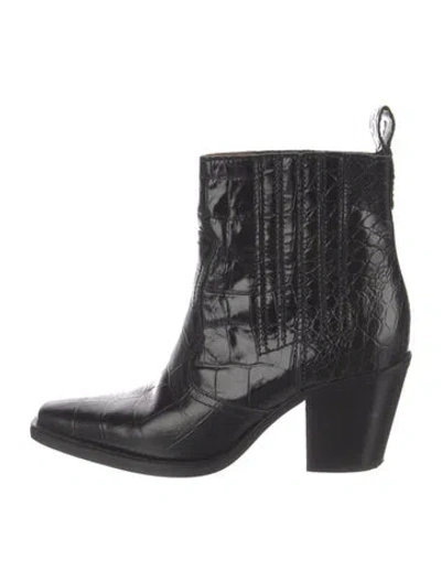 Pre-owned Ganni Crocodile Animal Print Western Boots In Black