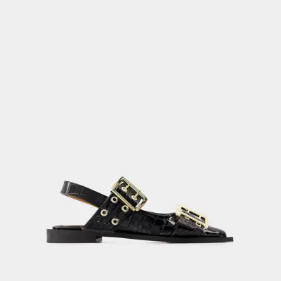Ganni Crocodile Effect Bucked Ballerina Shoes In Black