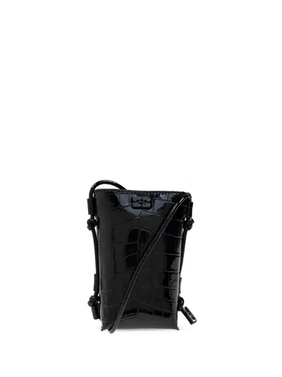 Ganni Crocodile-effect Cross Body Bag In Black