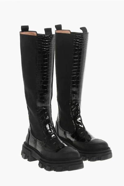 Ganni Crocodile Effect Faux Leather Knee Chelsea Boots With Side E In Black