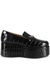 Ganni Black Patent Croco Butterfly Chain Platform Loafers In Black