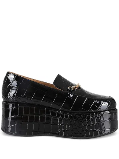 Ganni Black Patent Croco Butterfly Chain Platform Loafers