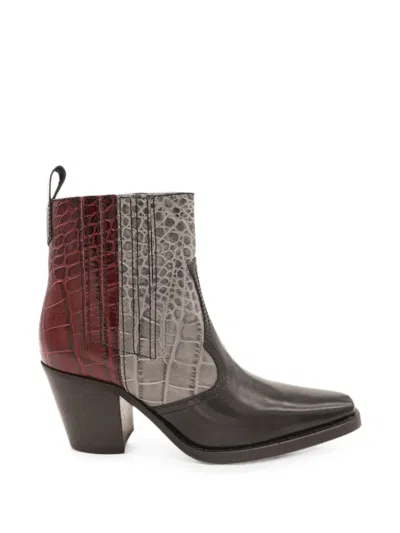Pre-owned Ganni Crocodile-effect Ankle Boots In Black