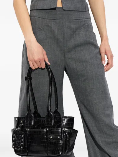 Ganni Crocodile-effect Studded Tote Bag In Black