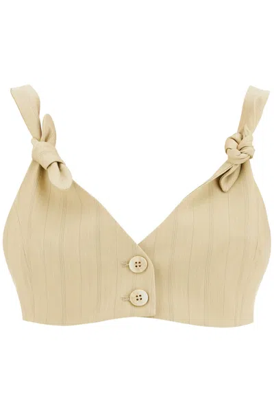 Ganni Striped Crop Top With Knots In Beige