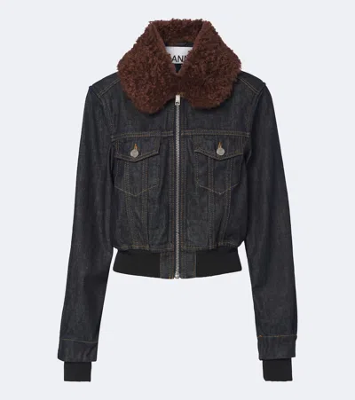Ganni Cropped Denim Blouson Jacket In Blue