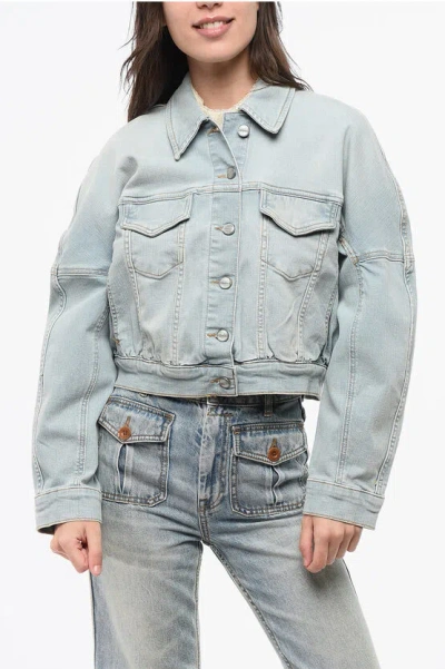 Ganni Cropped Denim Jacket With Double Breast Pockets