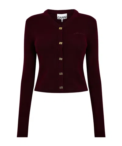 Ganni Cropped Knit Cardigan In Brown