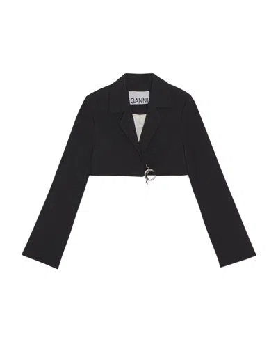 Ganni Cotton Suiting Cropped Blazer In Black