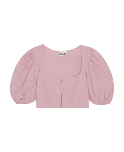 Ganni Cropped Puff-sleeve Blouse In Pink