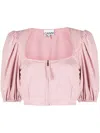 Ganni Drapey Cropped Zip-front Blouse In Rosa