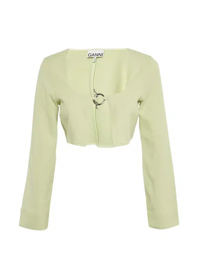 Pre-owned Ganni Cropped Ring-fastening Cartigan In Green