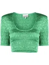 Ganni Smocked-satin Cropped Top In 绿色