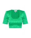 Ganni Smocked-satin Cropped Top In Green