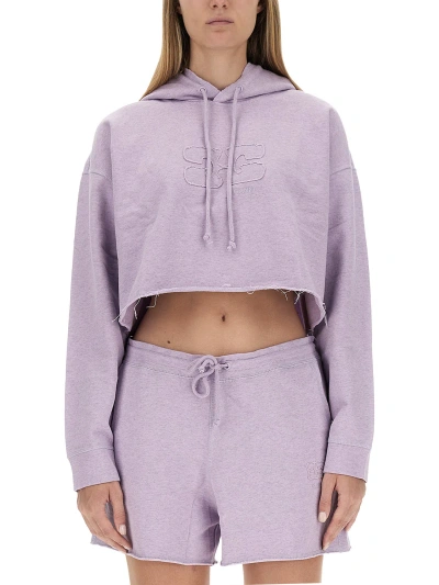 Ganni Cropped Organic Cotton Hoodie In Purple