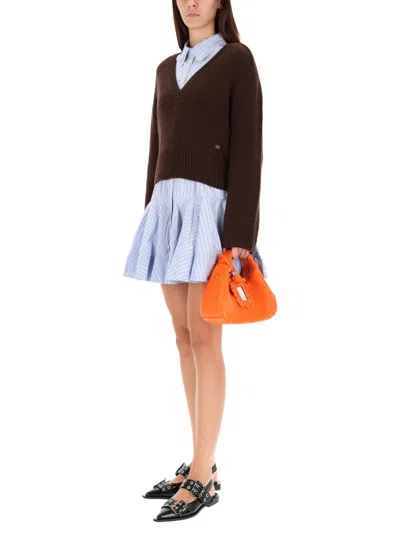 Ganni Cropped V-neck Wool And Yak Sweater In Blue