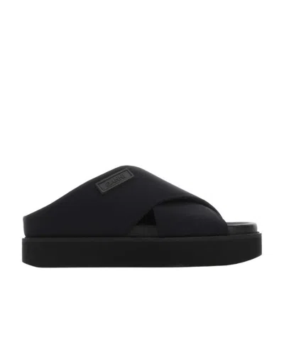 Ganni Crossover-strap Flat Sandals In Black