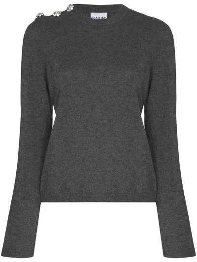 Ganni Crystal Button Long Sleeve Jumper In Grey