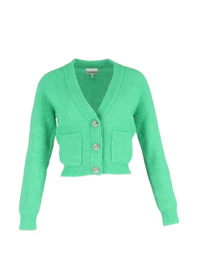 Pre-owned Ganni Crystal-embellished Knitted Cardigan In Green