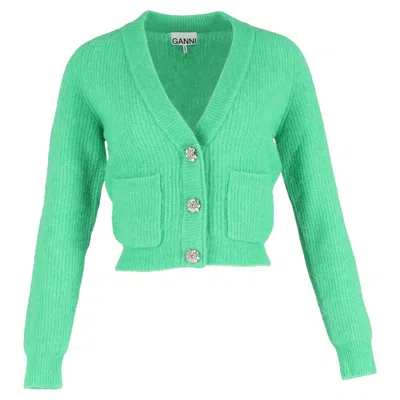 Ganni Crystal-embellished Knitted Cardigan In Green Merino Wool