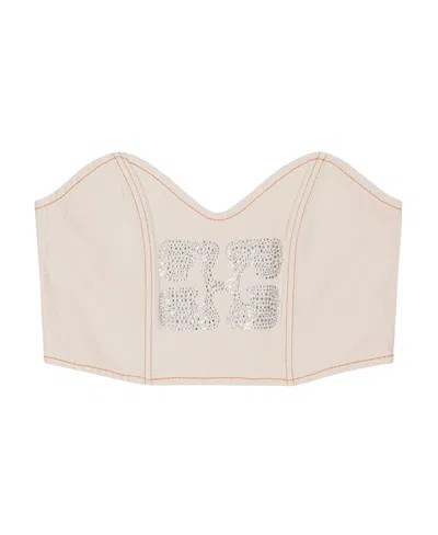 Ganni Crystal-embellished Logo Denim Crop-top In White