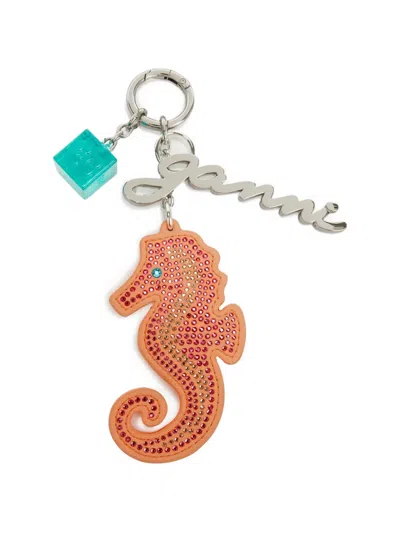 Ganni Crystal-embellished Seahorse Keyring In Orange