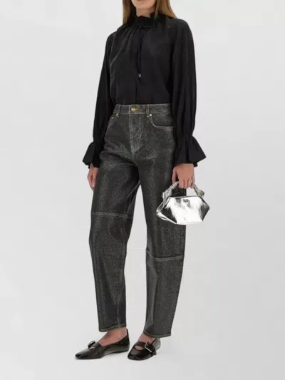 Ganni Cupro Viscose Shirt Button Detail Ruffle Collar In Black