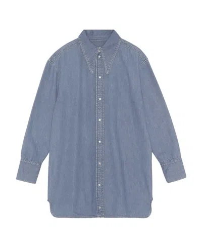 Ganni Cut-out Denim Shirt In Gray