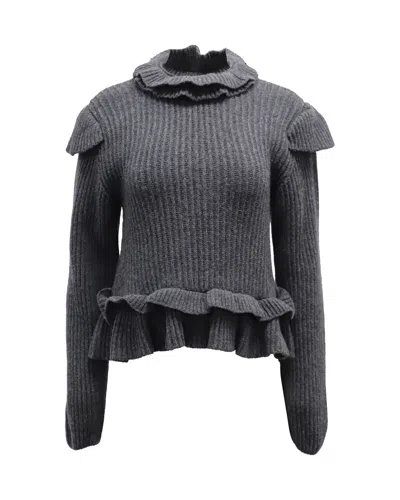Ganni Cut-out Ruffled Ribbed Sweater In Grey Wool